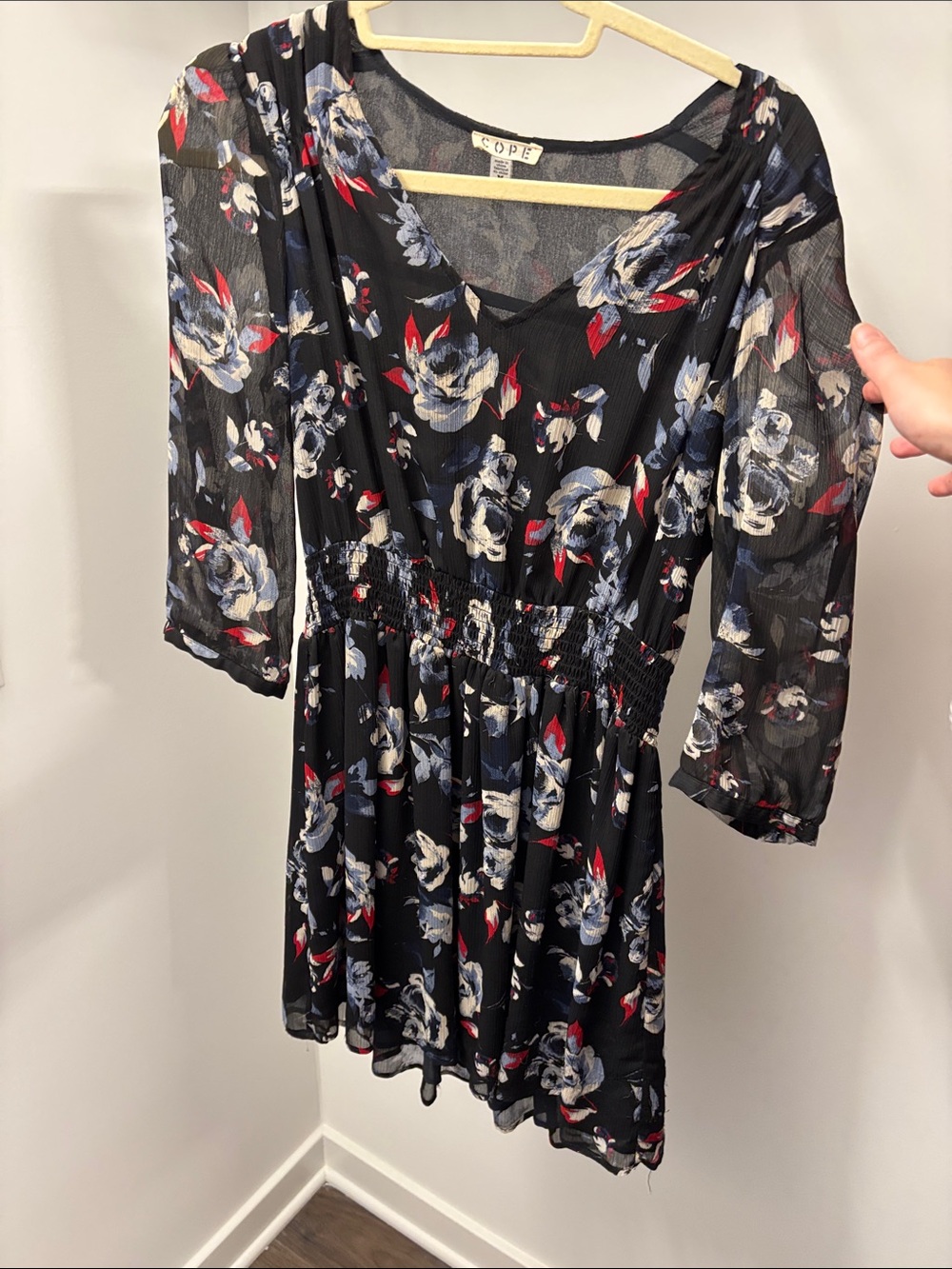 COPE Urban Outfitters Black Floral Chiffon Smocked Waist Mini Dress Sheer Sleeve